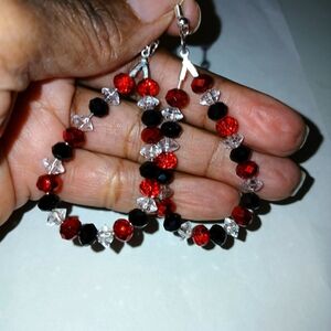 NWT Handcrafted Red, Black and Clear Glass Dangle Earrings.